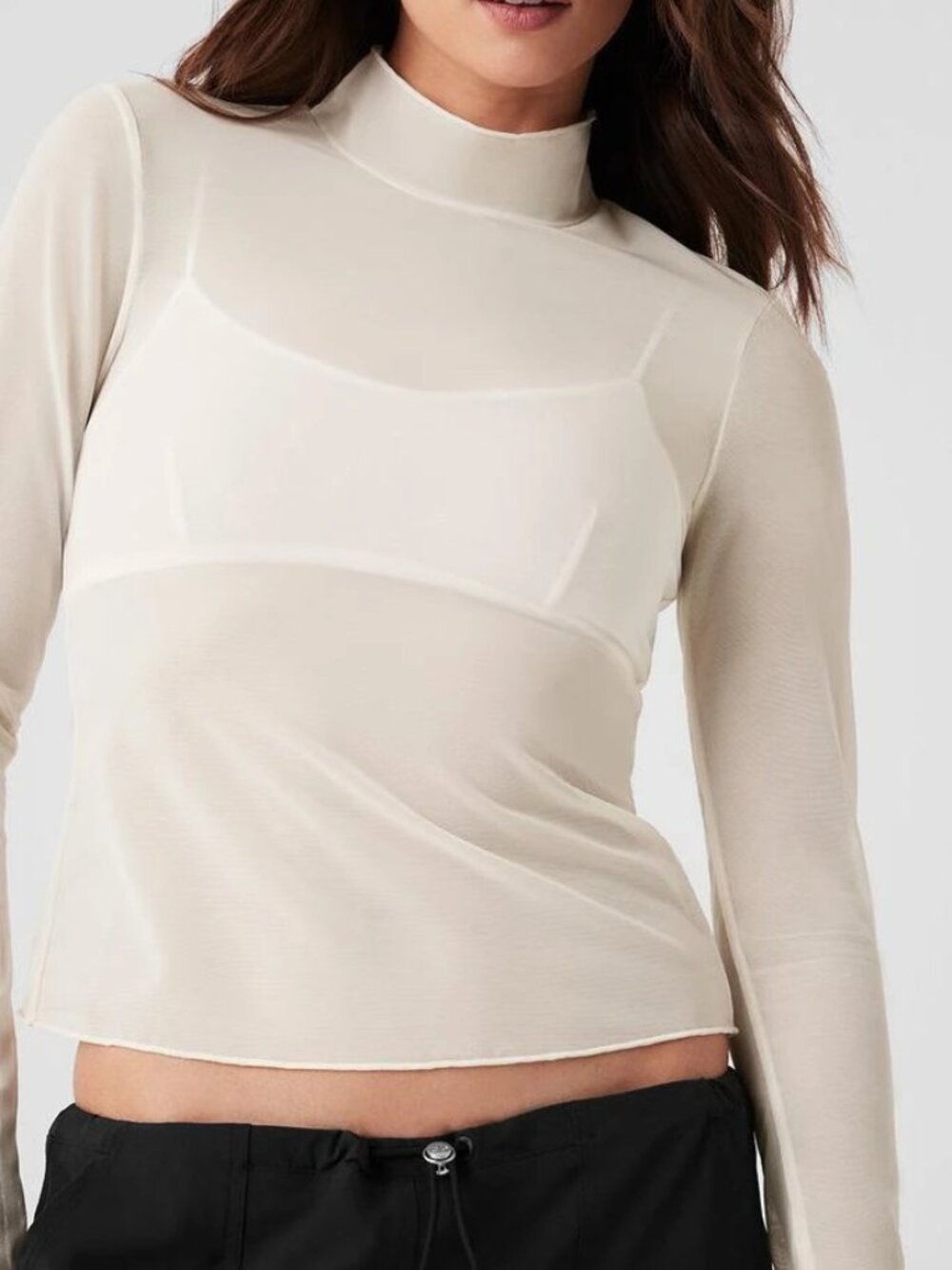 Alo Mesh Sheer Illusion Mock Neck Long Sleeve - Ivory - Size Medium